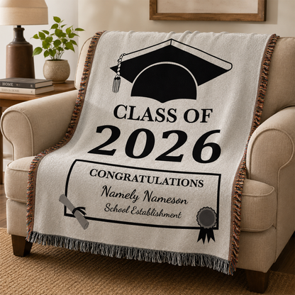 Close-up of custom name on Class of 2026 personalized graduation throw blanket
