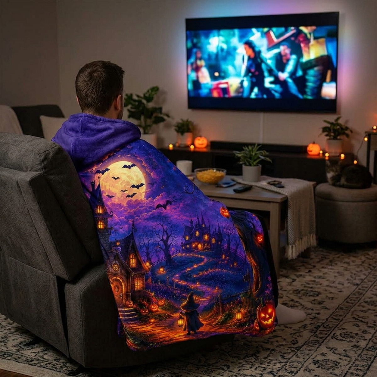 Halloween haunted village hooded blanket close-up of atmospheric print detail
