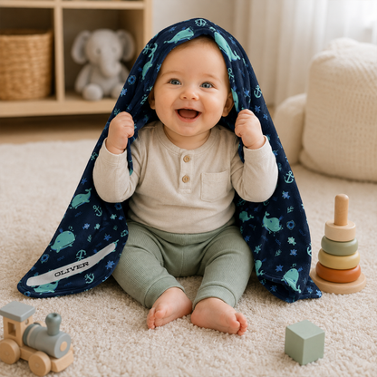 Blue Sea Creature Baby Blanket | Personalized Whale and Ocean Fleece Gift for Baby Shower