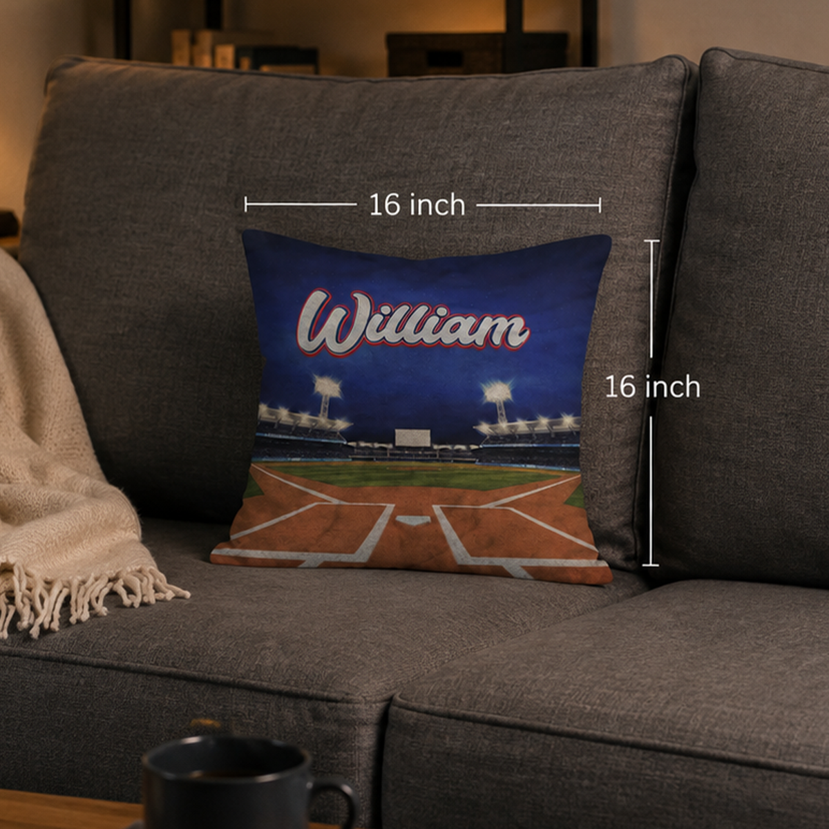 Close-up of custom name on baseball field cotton throw pillow 16 by 16 inch
