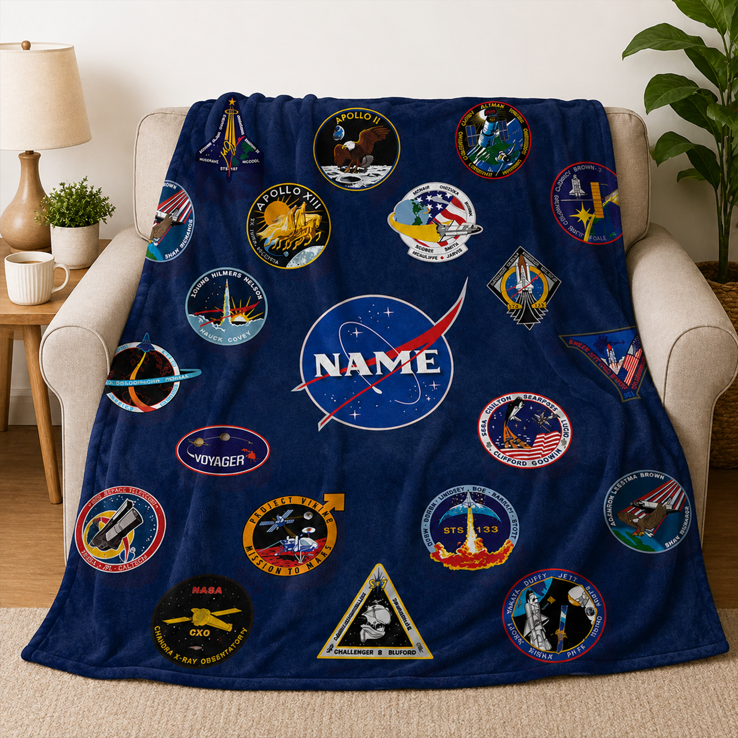 Close-up of custom name on space mission patch polyester fleece throw blanket
