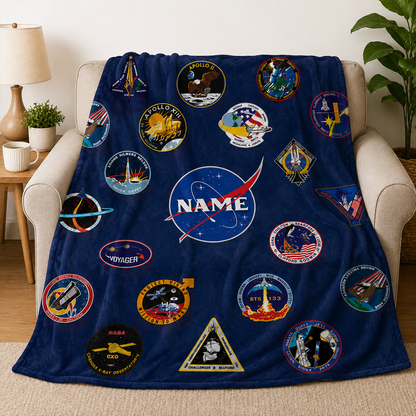 Close-up of custom name on space mission patch polyester fleece throw blanket
