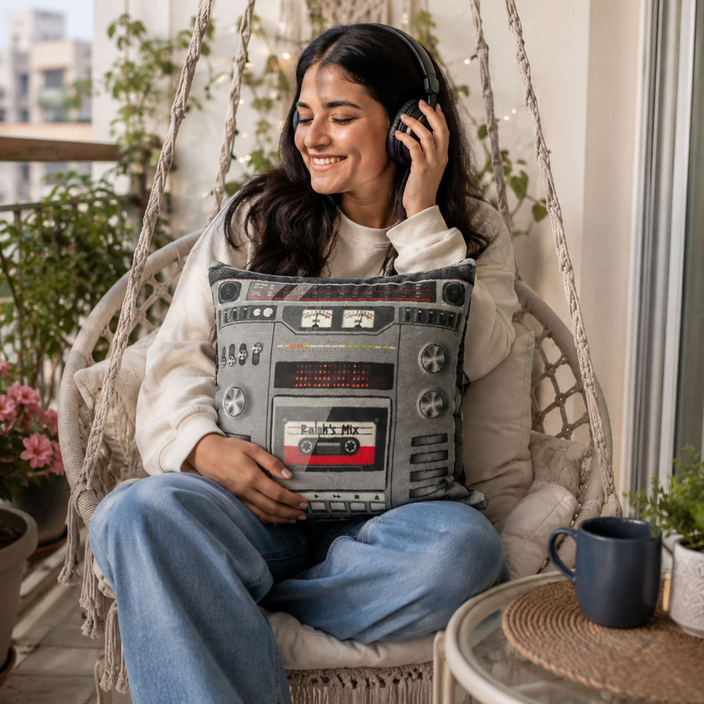 Retro boom box pillow set as unique birthday gift for music lovers and audiophiles
