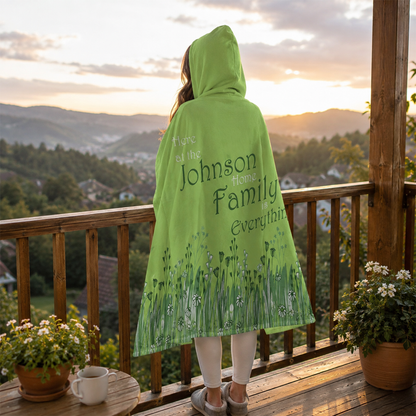 Close-up of custom family name on green Minky fleece hooded wearable blanket
