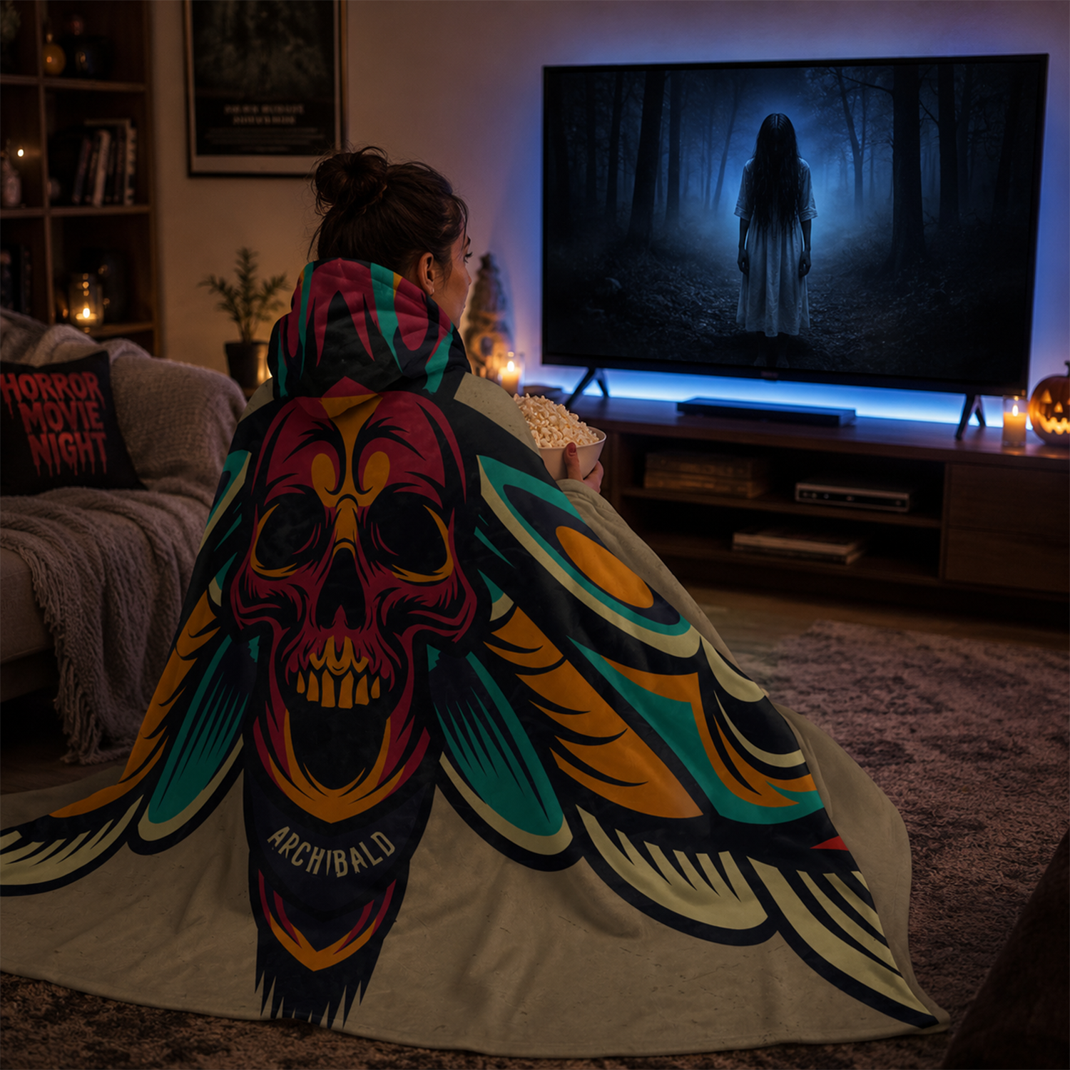Teen wearing personalized moth wings skull hooded blanket as gothic birthday gift
