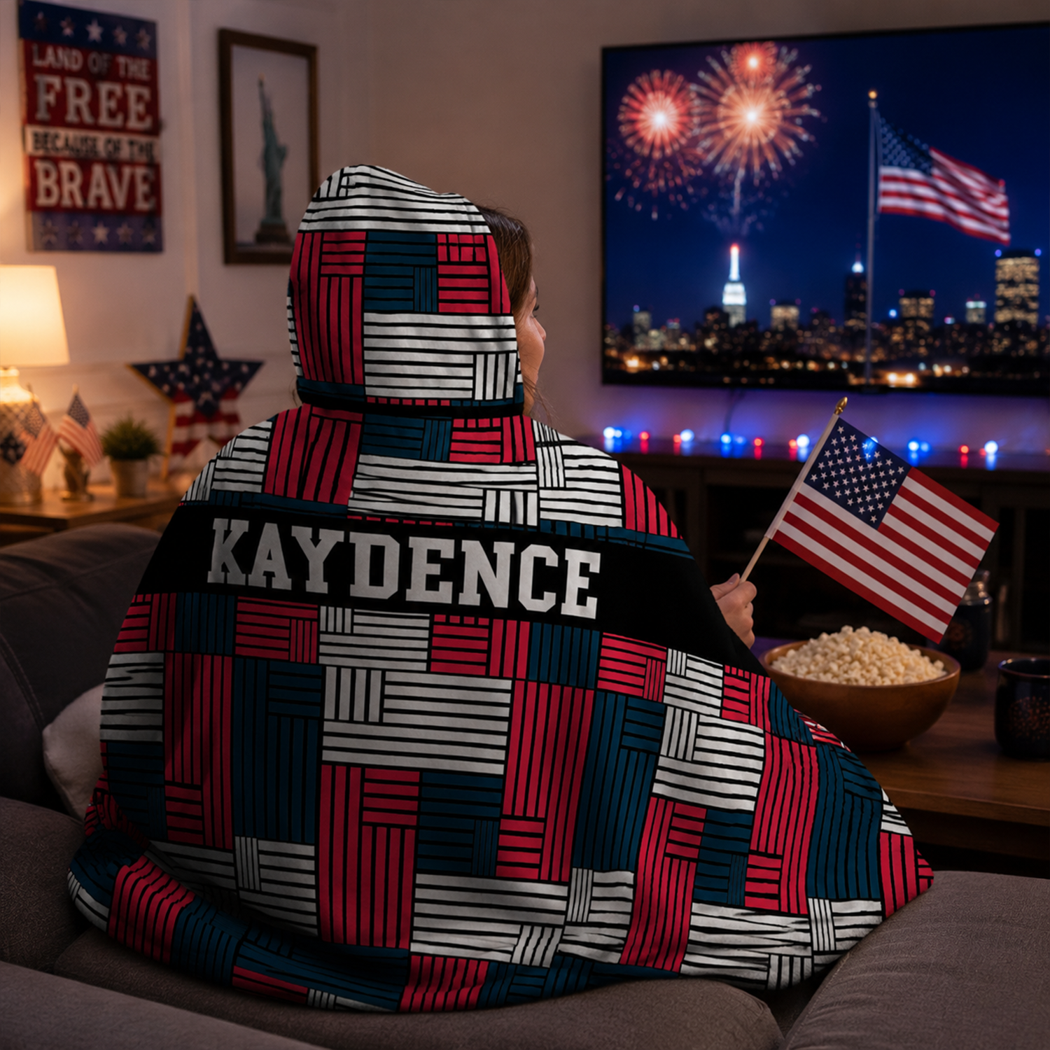 Person wearing personalized American patriotic hooded blanket for game day comfort
