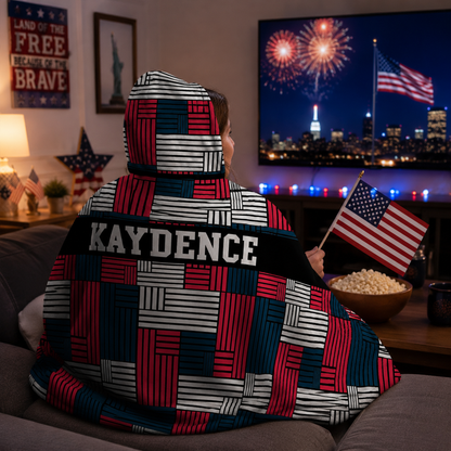 Person wearing personalized American patriotic hooded blanket for game day comfort
