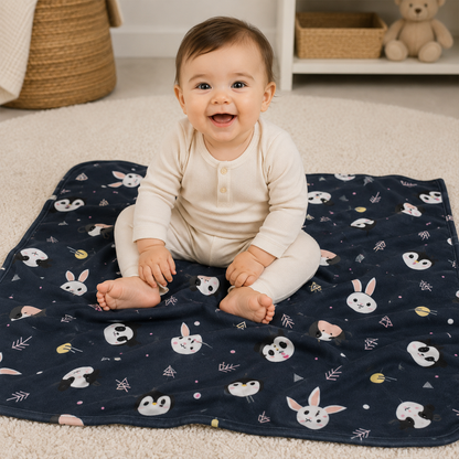 Close-up of custom name on cute animals fleece baby blanket design for newborns
