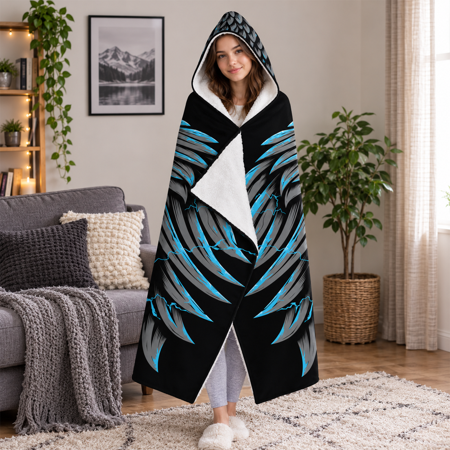 Person wearing personalized griffin wings hooded blanket as fantasy birthday gift
