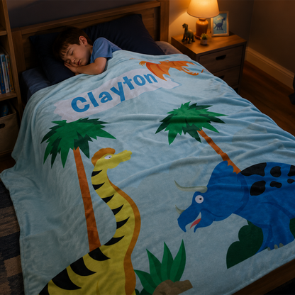 Personalized cute dinosaur kids blanket as birthday and Christmas gift for dino lovers
