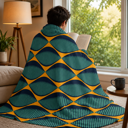 Person wrapped in personalized seeing eyes boho throw blanket as housewarming gift
