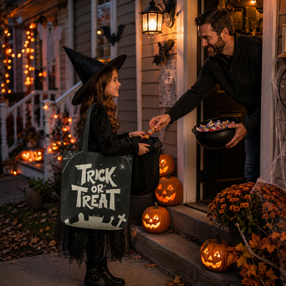 Trick or treat personalized Halloween tote bag in multiple colors for seasonal gift
