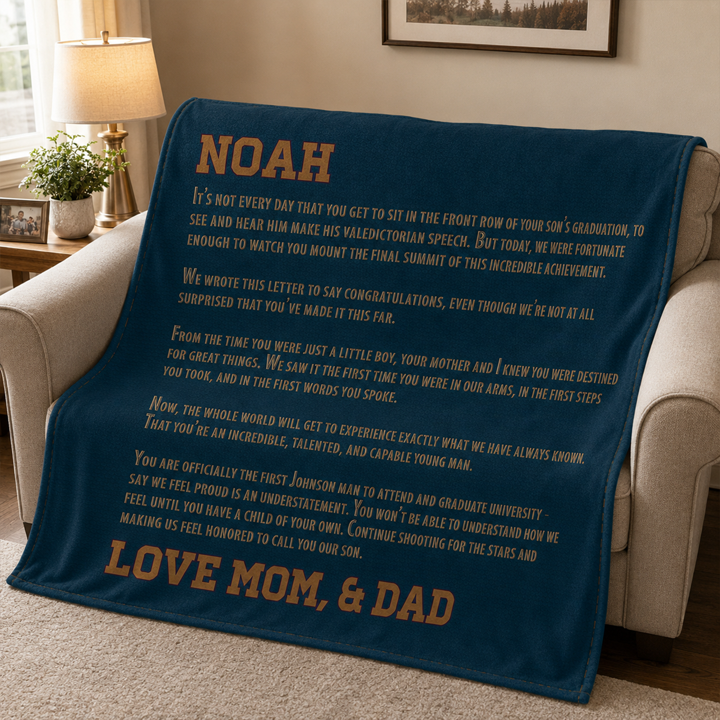 Close-up of custom message on denim print polyester fleece throw blanket detail
