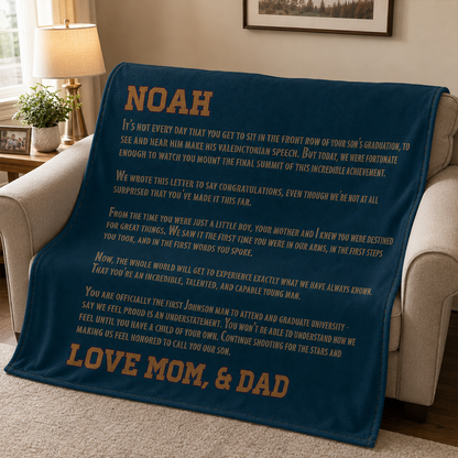 Close-up of custom message on denim print polyester fleece throw blanket detail
