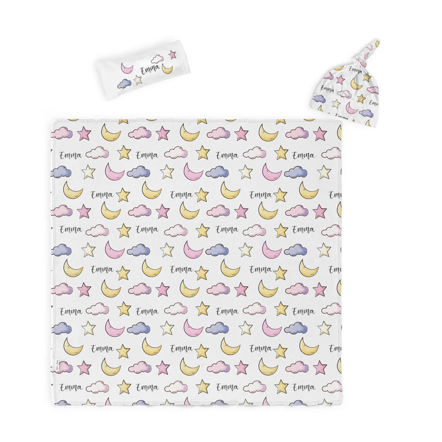Moon and stars swaddle set showing soft cotton fabric and charming newborn design
