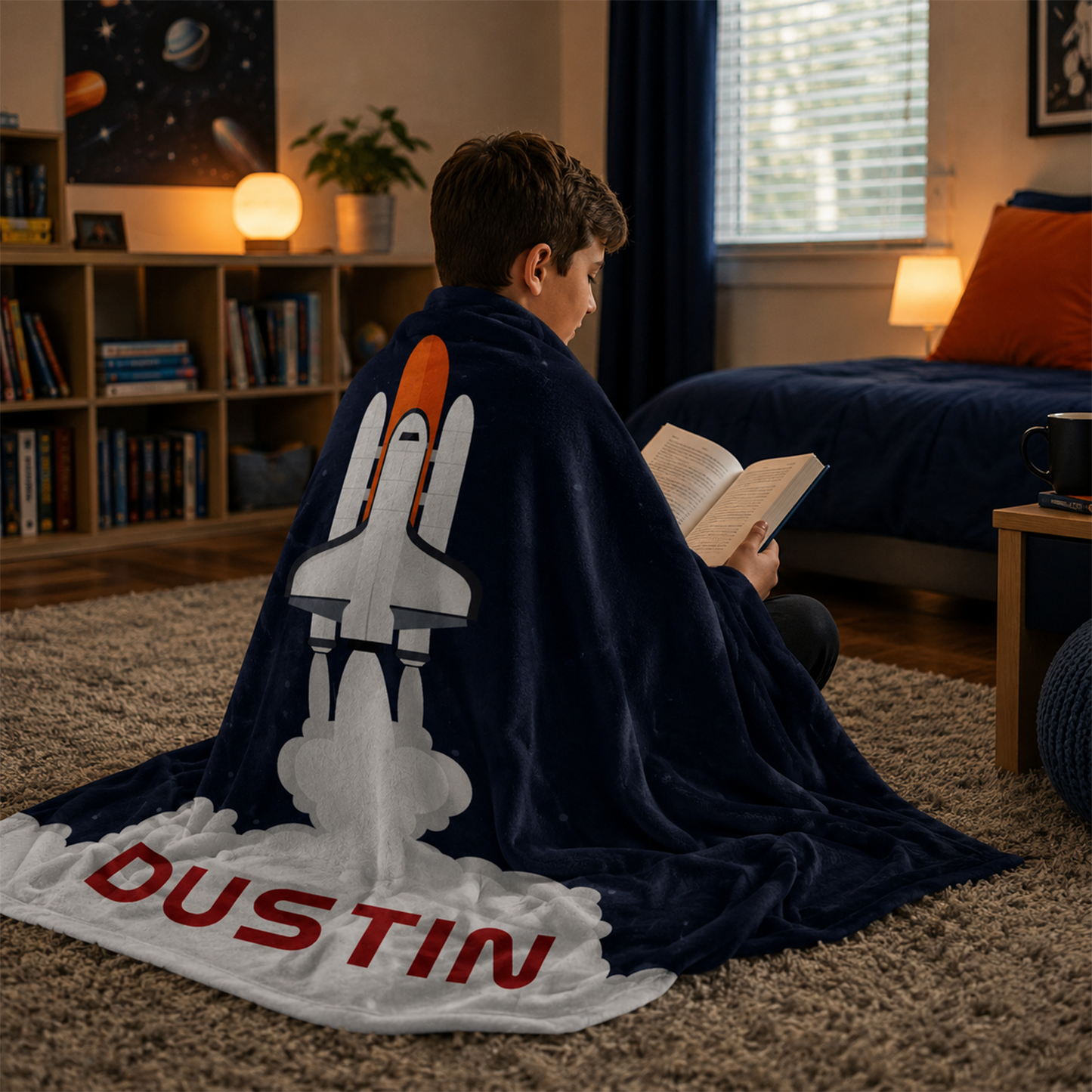 Close-up of custom name on rocket launch kids polyester fleece throw blanket

