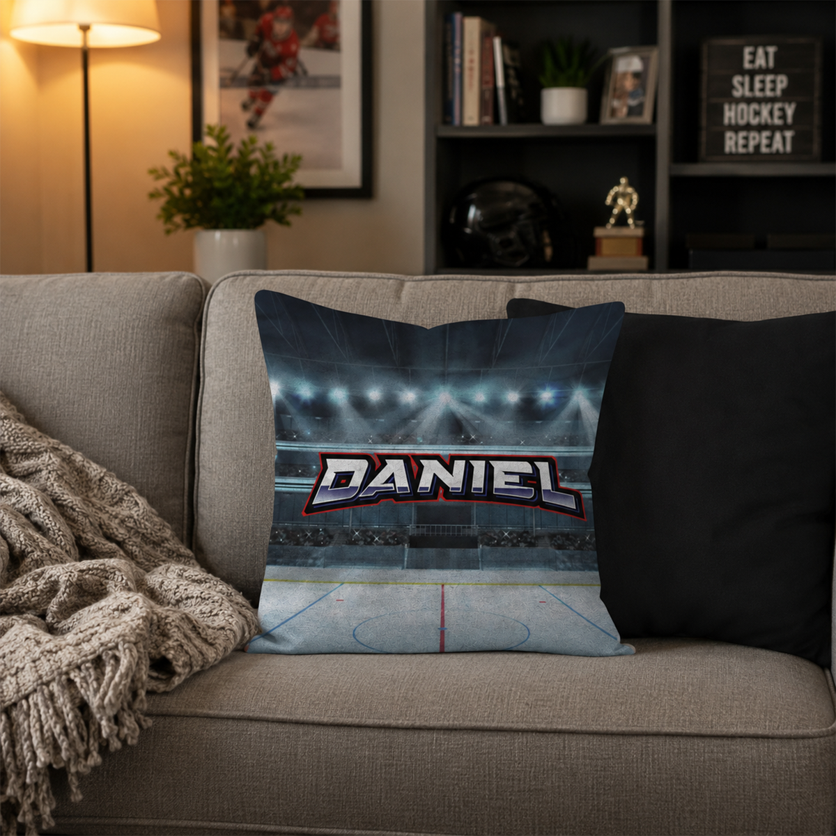 Close-up of custom name on soccer field cotton throw pillow 16 by 16 inch
