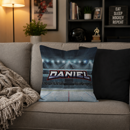 Close-up of custom name on soccer field cotton throw pillow 16 by 16 inch
