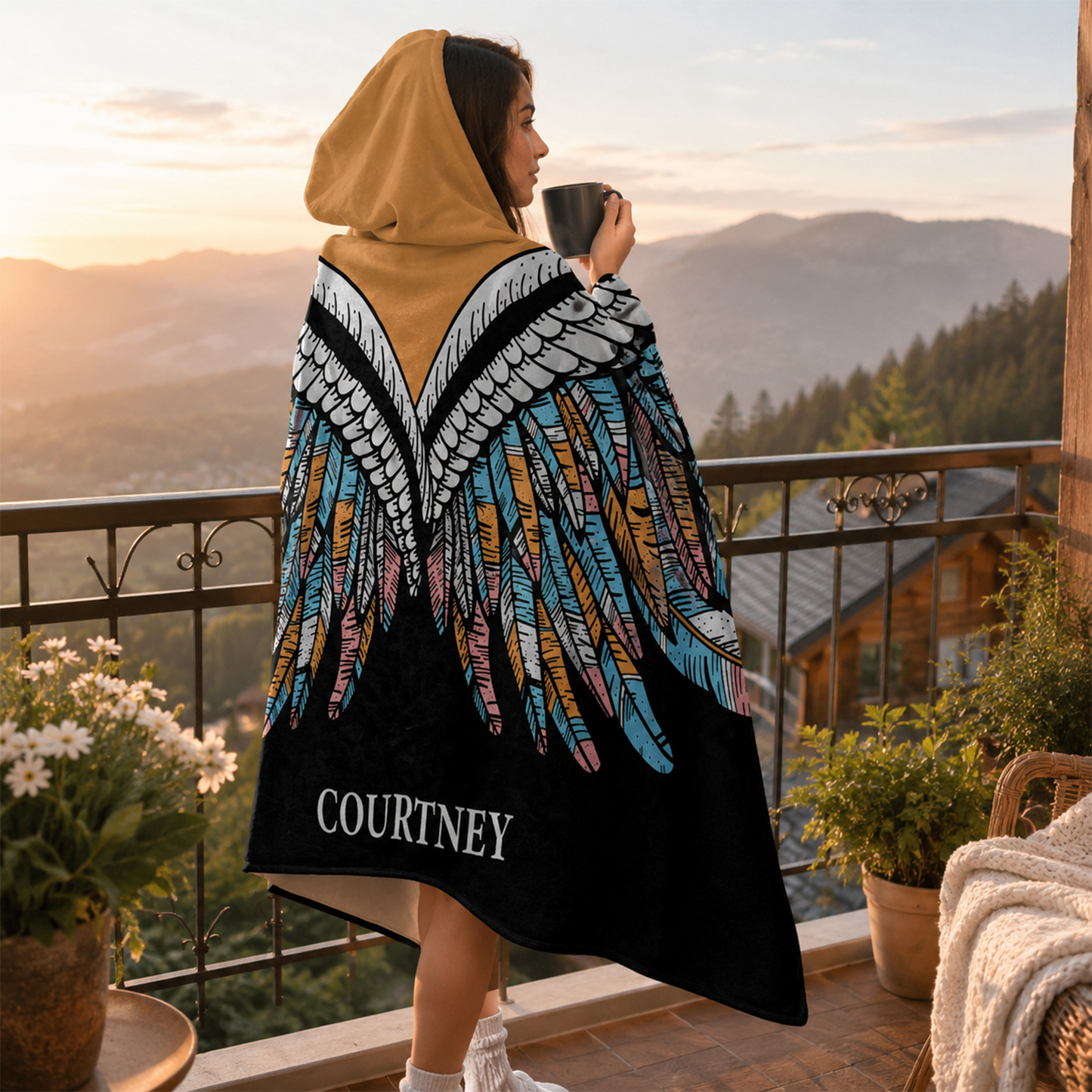 Woman wearing personalized butterfly wings hooded blanket as nature birthday gift
