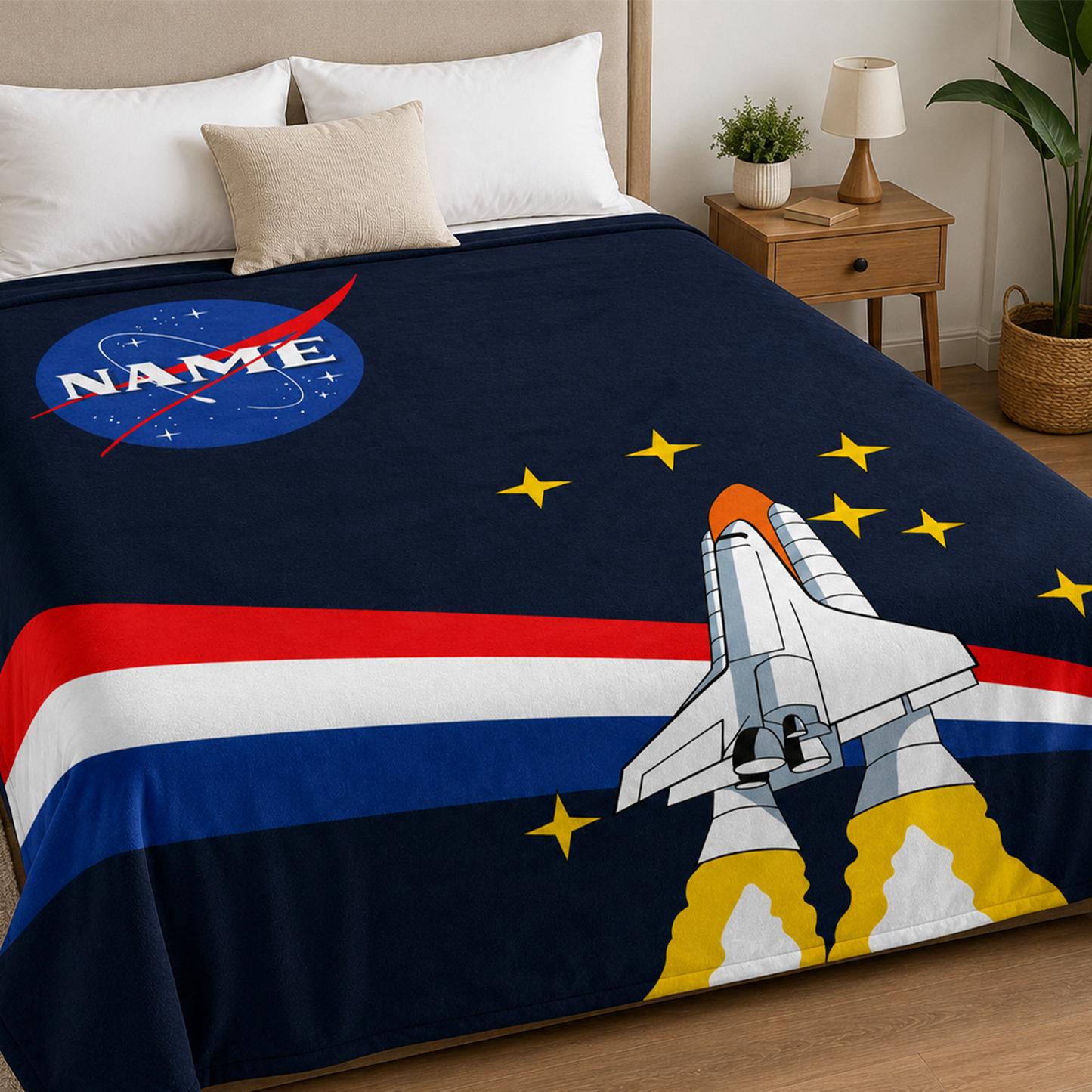 Close-up of custom name on NASA launch polyester fleece throw blanket design
