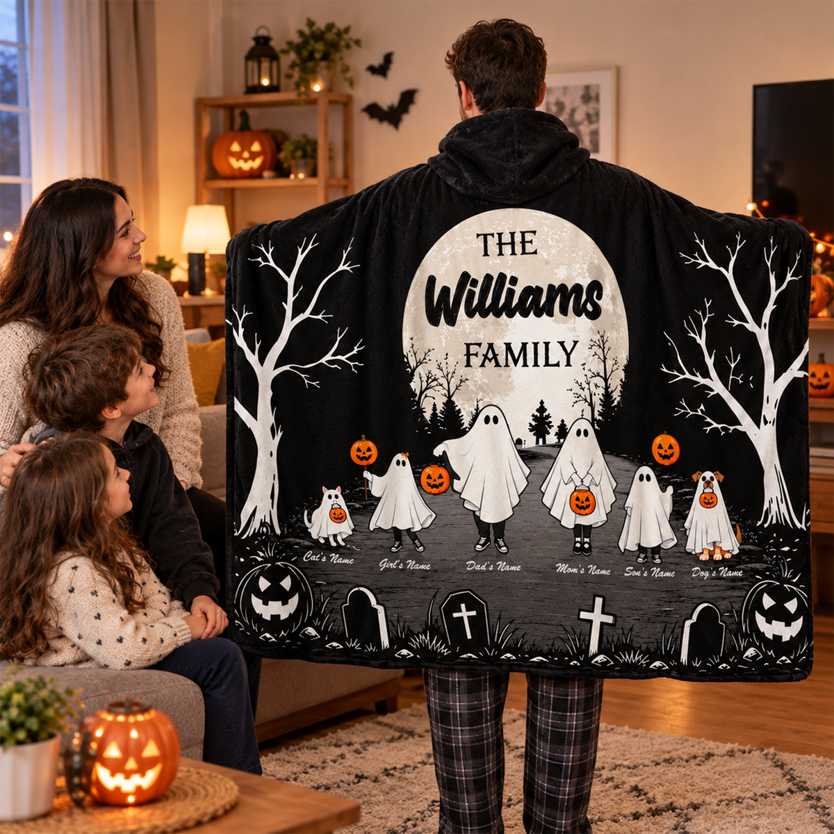 Personalized Halloween Family Hooded Blanket | Custom Name Ghost Design