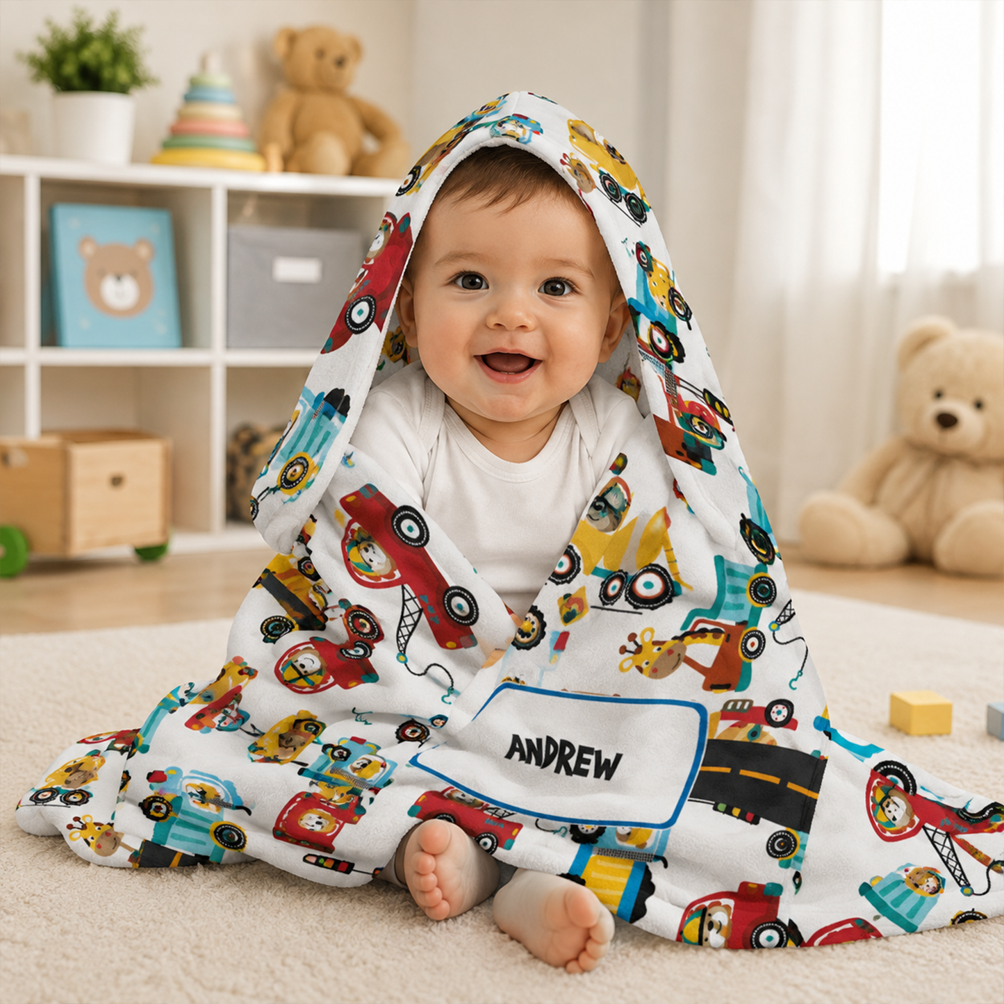 Close-up of custom name on construction toys fleece baby blanket for baby boys
