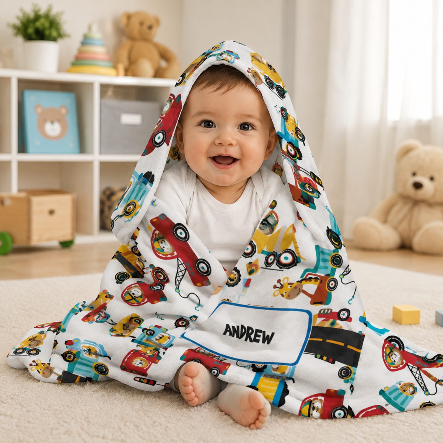 Close-up of custom name on construction toys fleece baby blanket for baby boys

