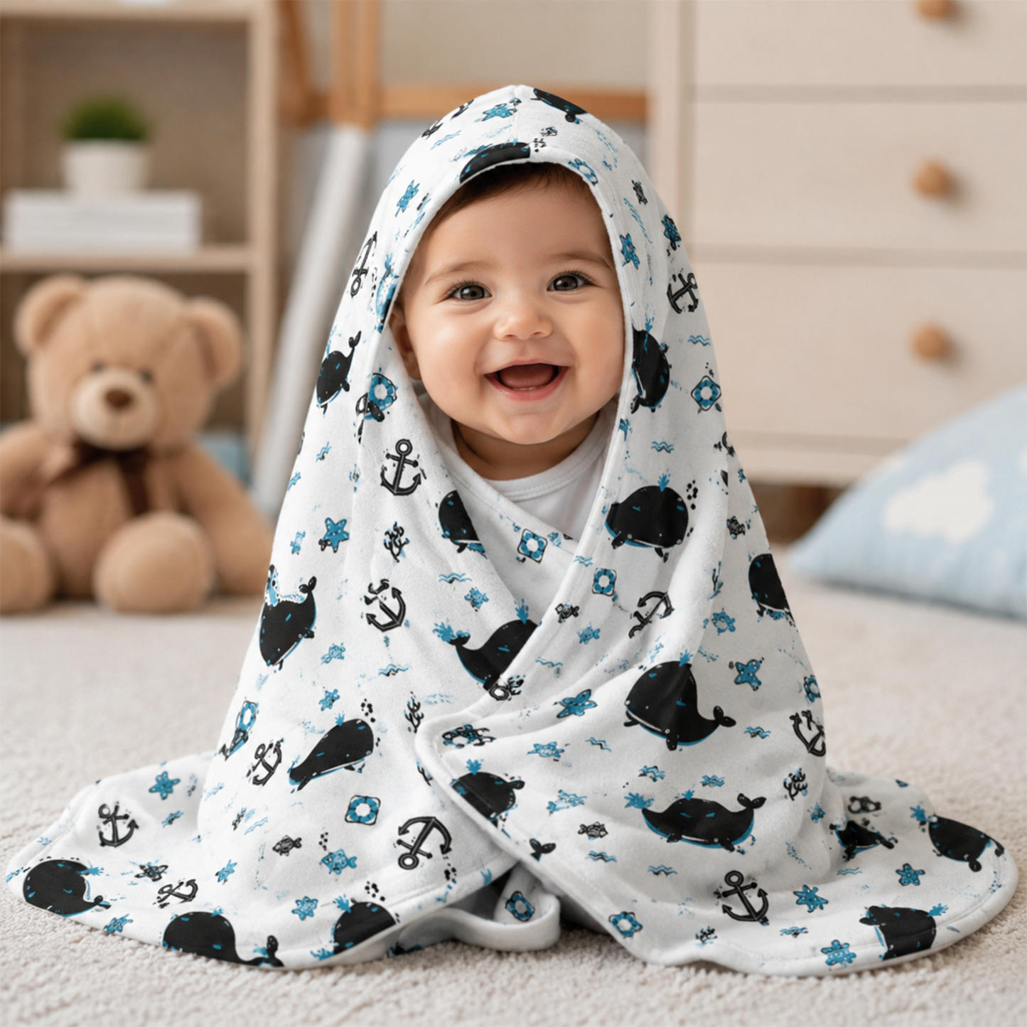 Close-up of custom name on white sea creature ocean fleece baby blanket design
