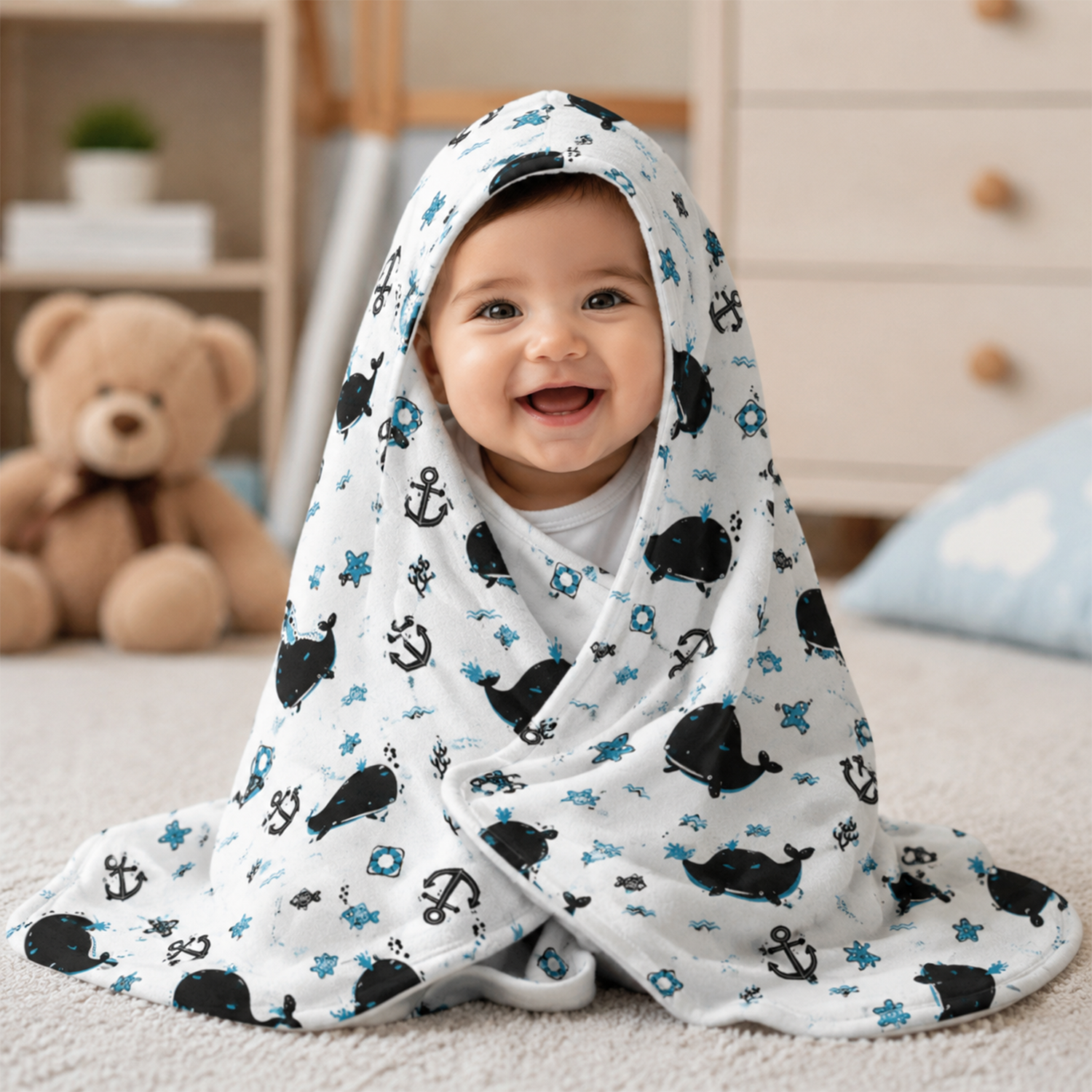 Close-up of custom name on white sea creature ocean fleece baby blanket design
