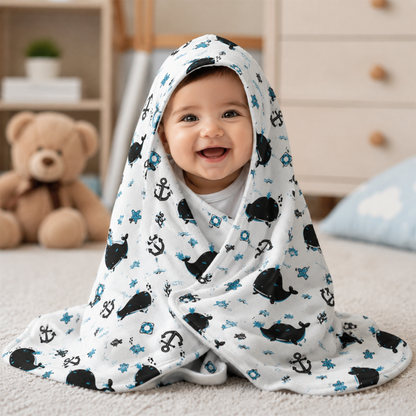 Close-up of custom name on white sea creature ocean fleece baby blanket design
