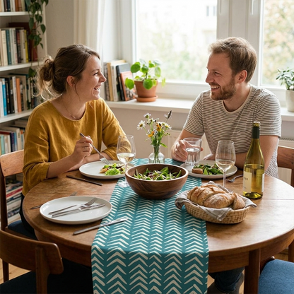 Teal Tribal Pattern Table Runner | Artistic Bohemian Dining Decor for Home and Entertaining