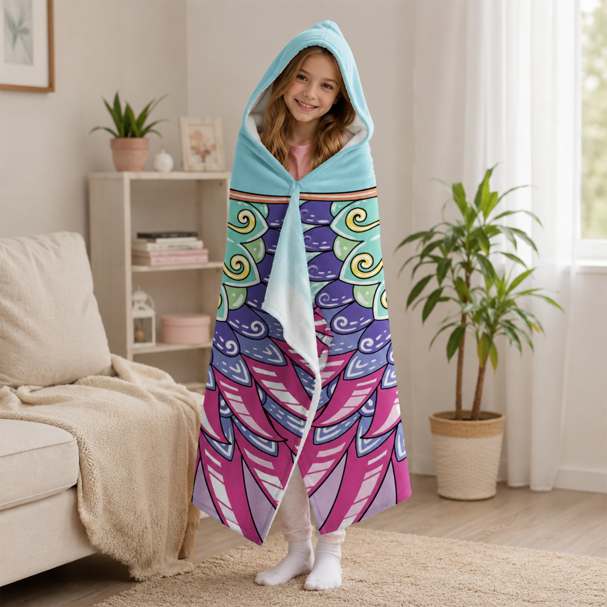 Woman wearing personalized whimsical wings hooded blanket as magical birthday gift

