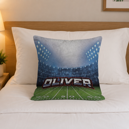 Close-up of custom name on football field cotton throw pillow 16 by 16 inch
