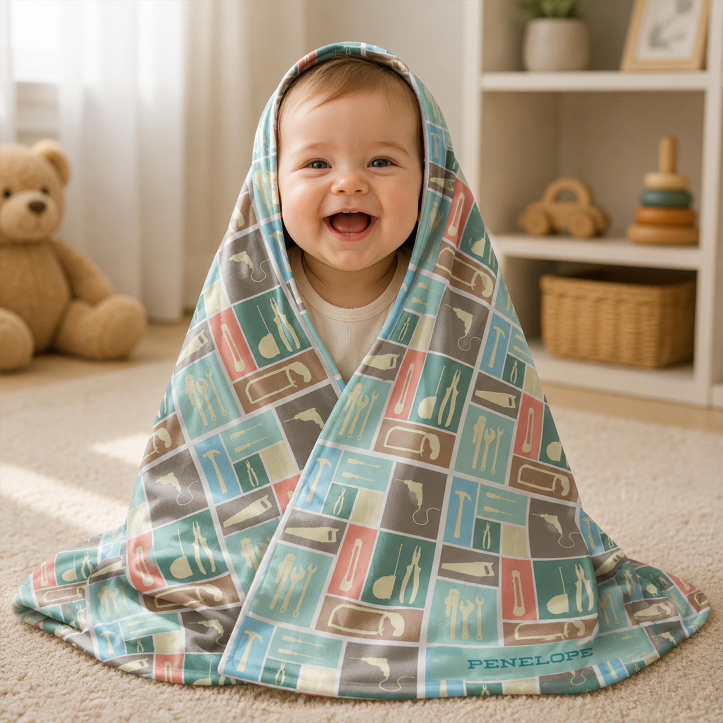 Close-up of custom name on modern tool print fleece baby blanket for boys
