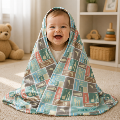 Close-up of custom name on modern tool print fleece baby blanket for boys

