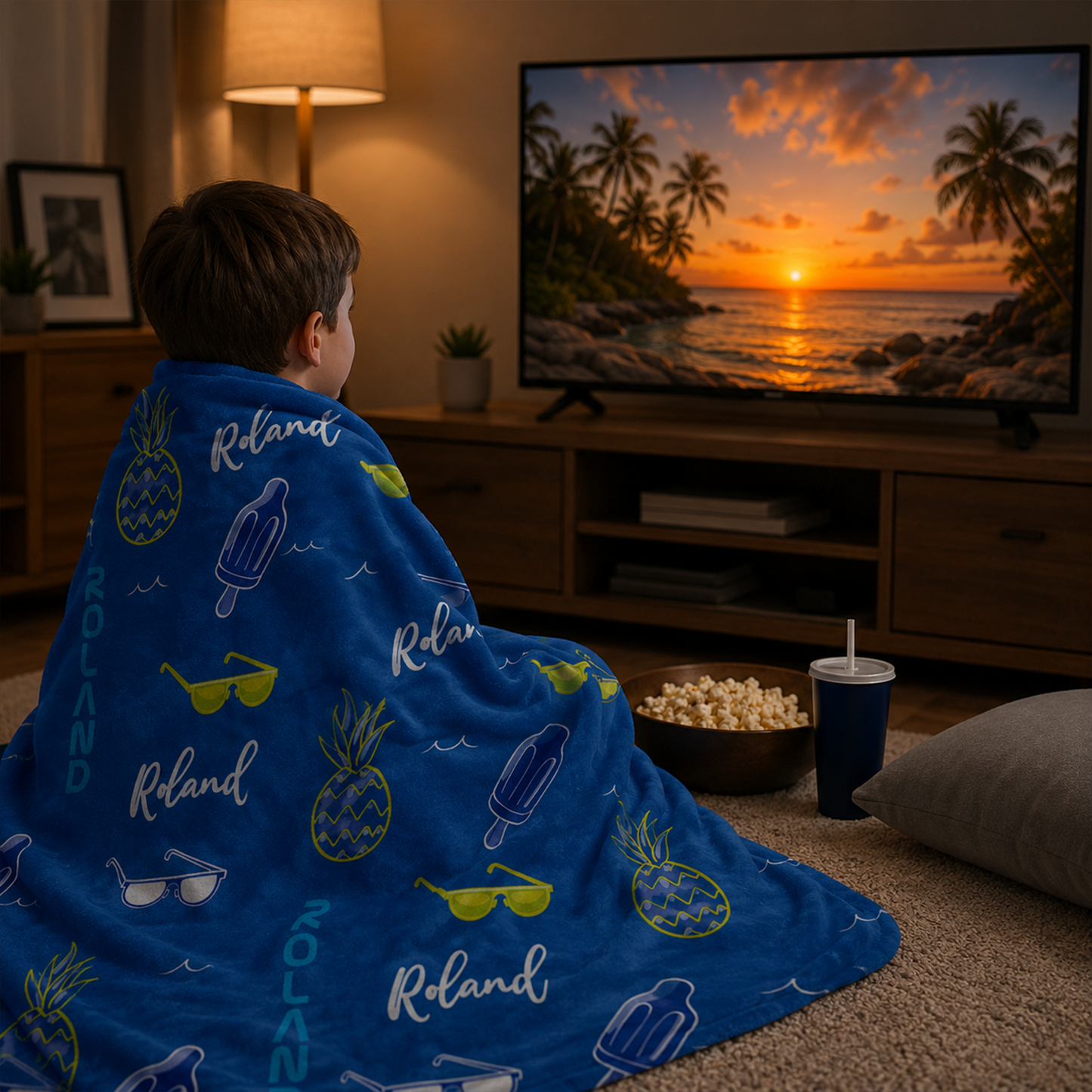 Child wrapped in personalized summery print throw blanket as fun birthday gift
