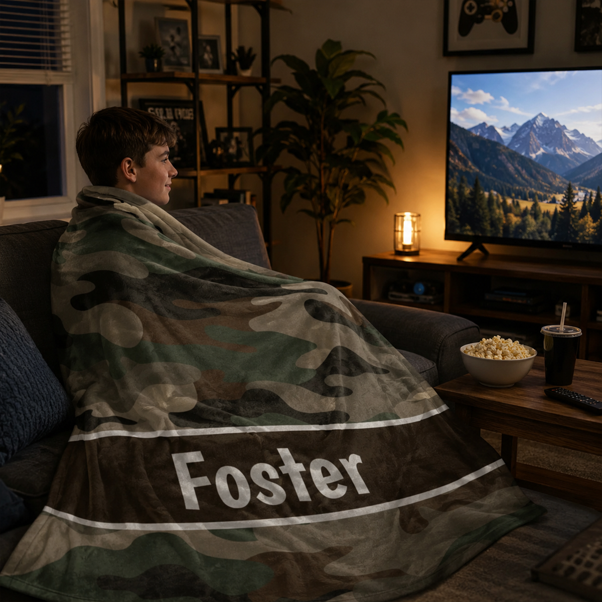 Close-up of custom name on camouflage kids polyester fleece throw blanket design

