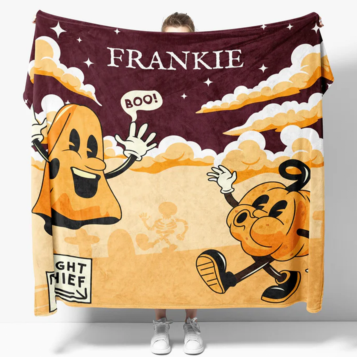 Retro spooky midnight mischief polyester fleece throw blanket for Halloween fans
