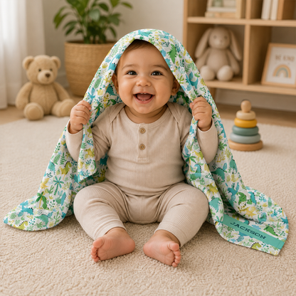 Close-up of custom name on dinosaur land blue green fleece baby blanket for boys
