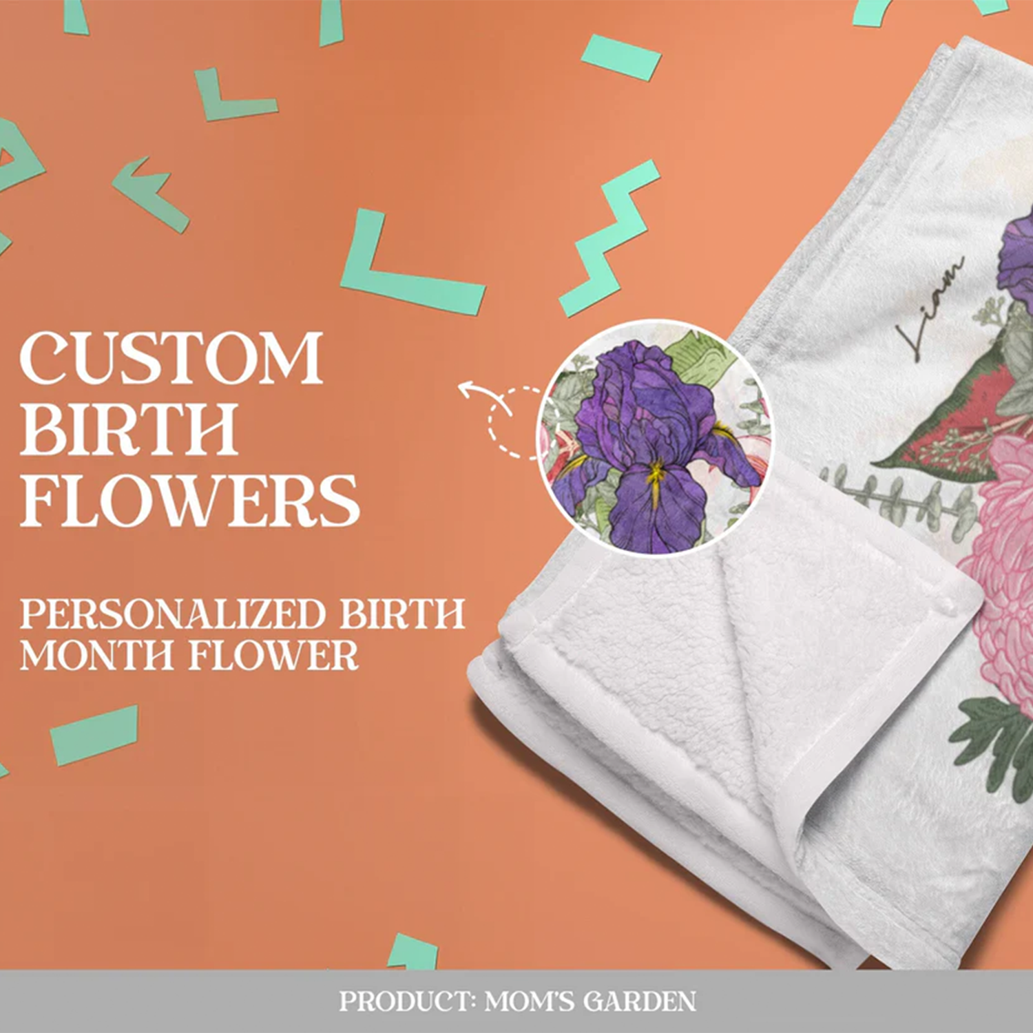Close-up of custom birth flowers printed on family personalized fleece throw blanket
