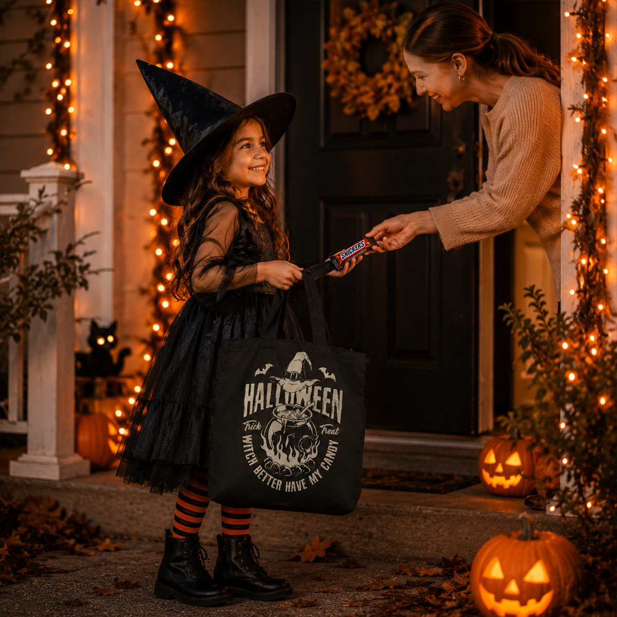 Custom name on retro midnight mischief cotton canvas tote bag for Halloween season
