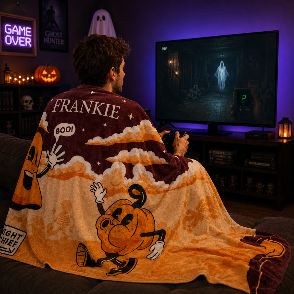 Person wrapped in midnight mischief Halloween blanket as spooky seasonal gift
