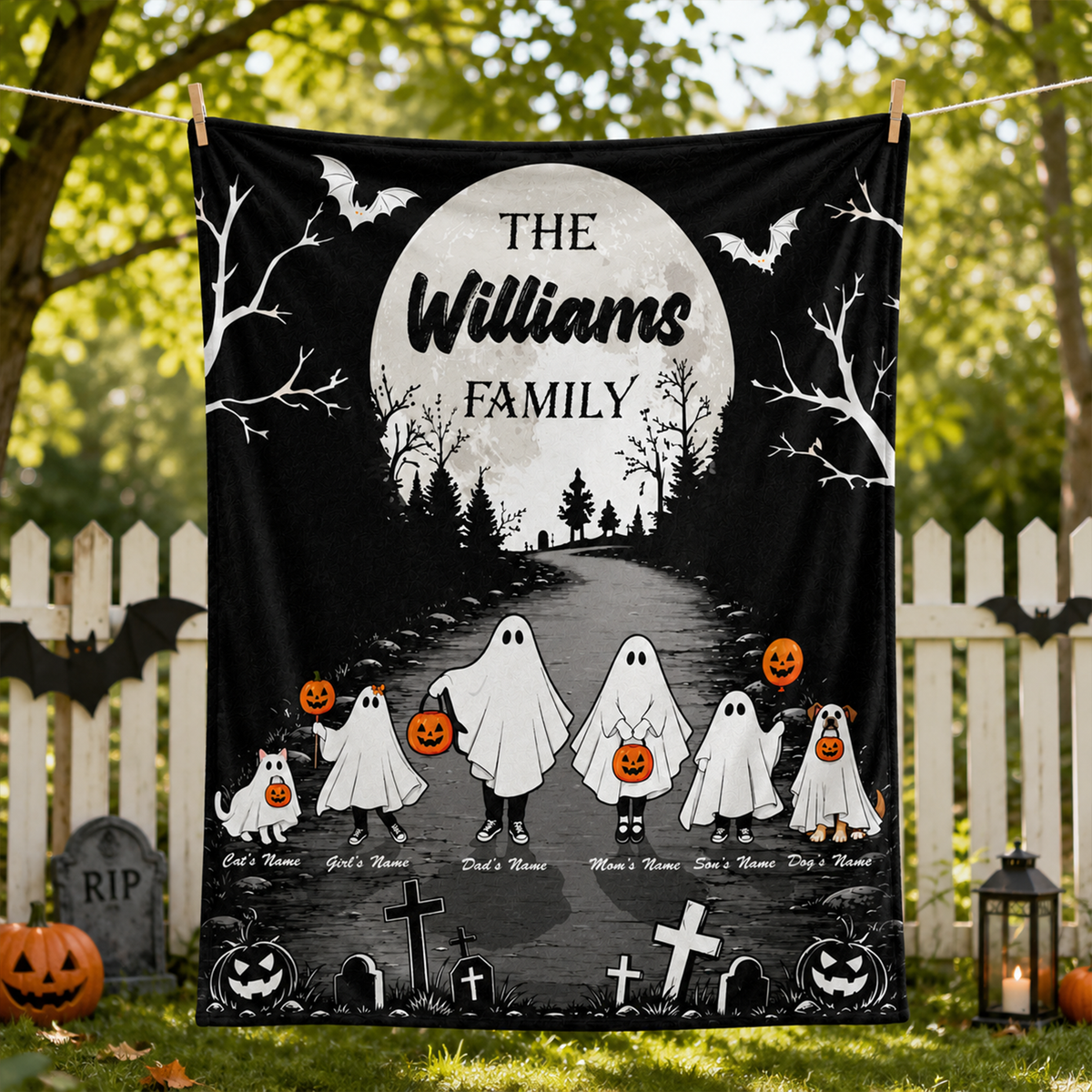 Personalized Halloween Ghost Family Fleece Blanket with Custom Names