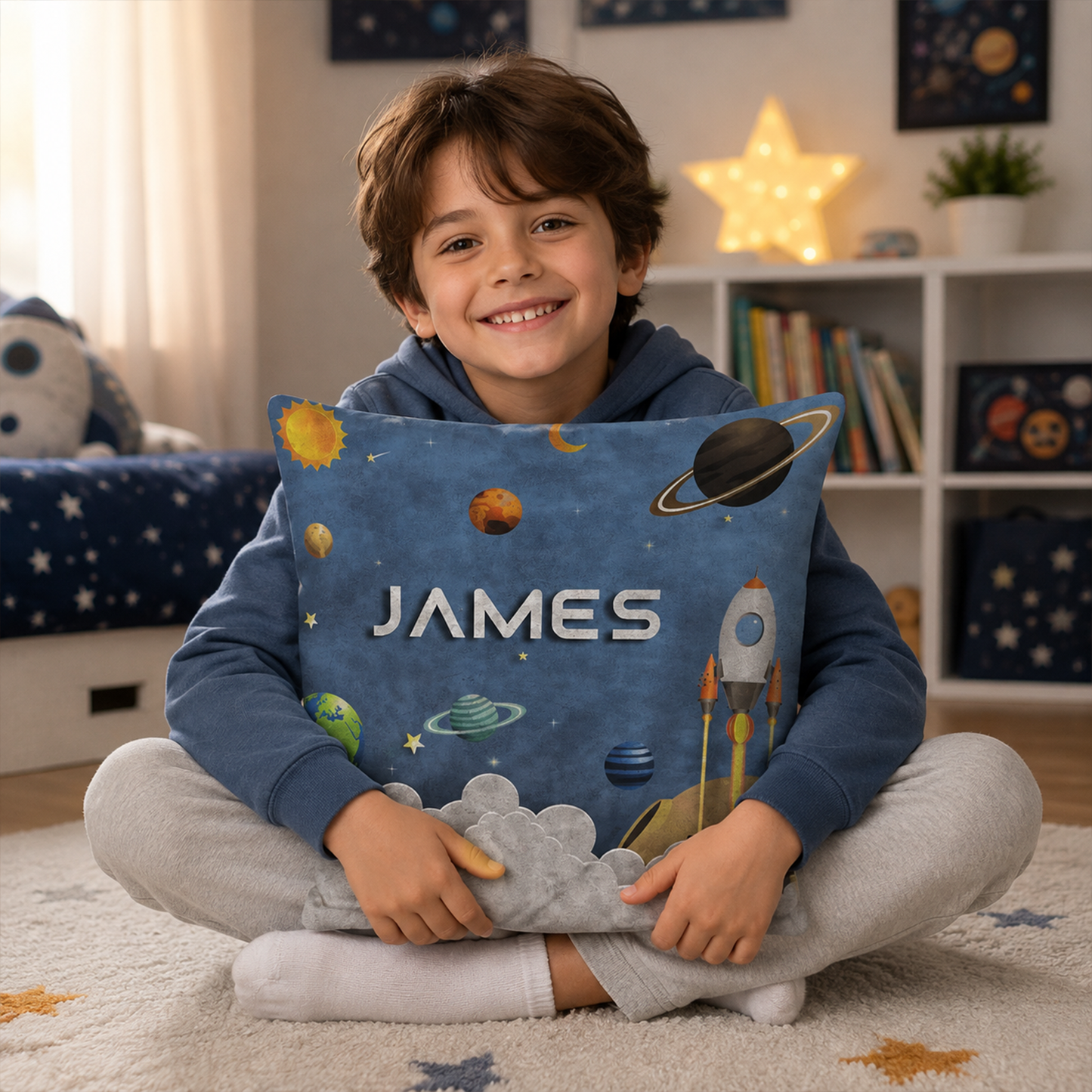 Spaceship personalized pillow on kids bed showing full cotton cover space design
