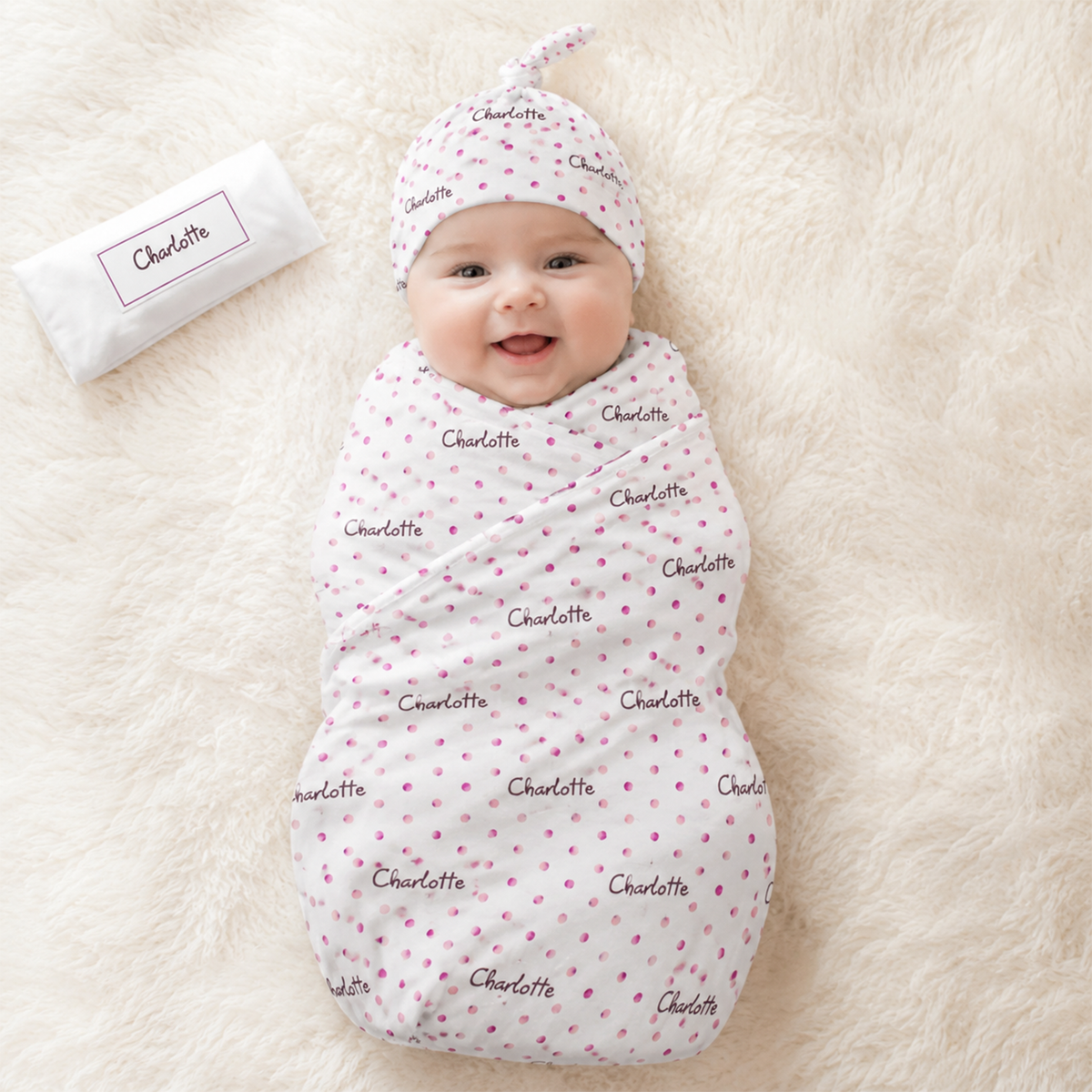 Watercolor polka dot swaddle beanie and bib set as beautiful baby shower keepsake gift
