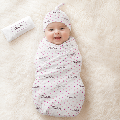 Watercolor polka dot swaddle beanie and bib set as beautiful baby shower keepsake gift
