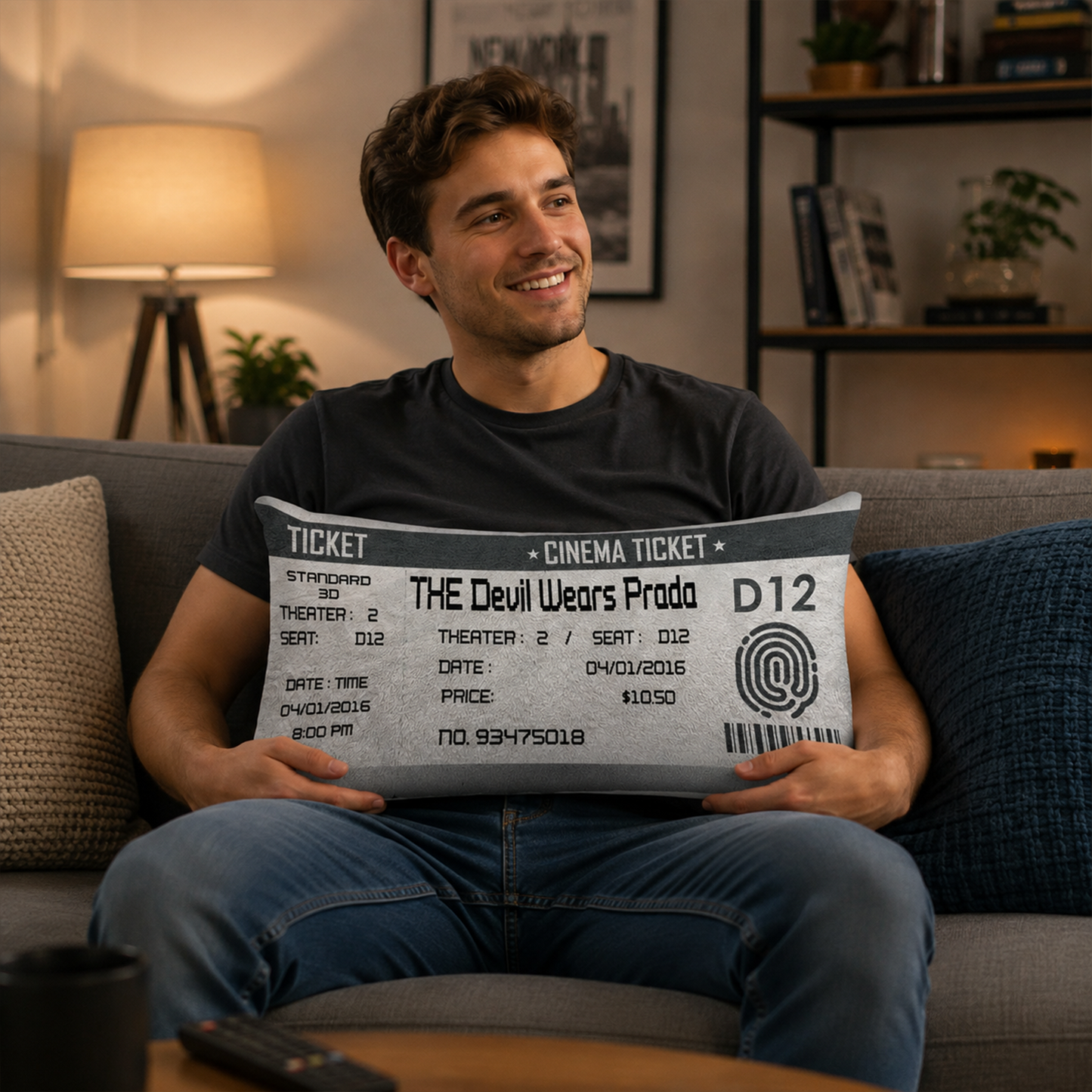 Personalized movie ticket pillow displayed as unique gift for cinephiles and fans
