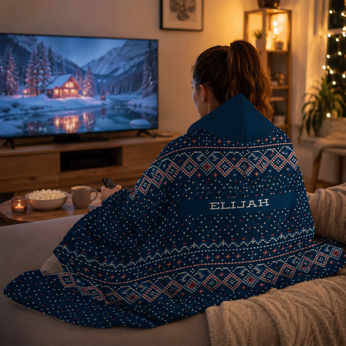 Custom name hooded wearable blanket in blue Christmas sweater Minky fleece design
