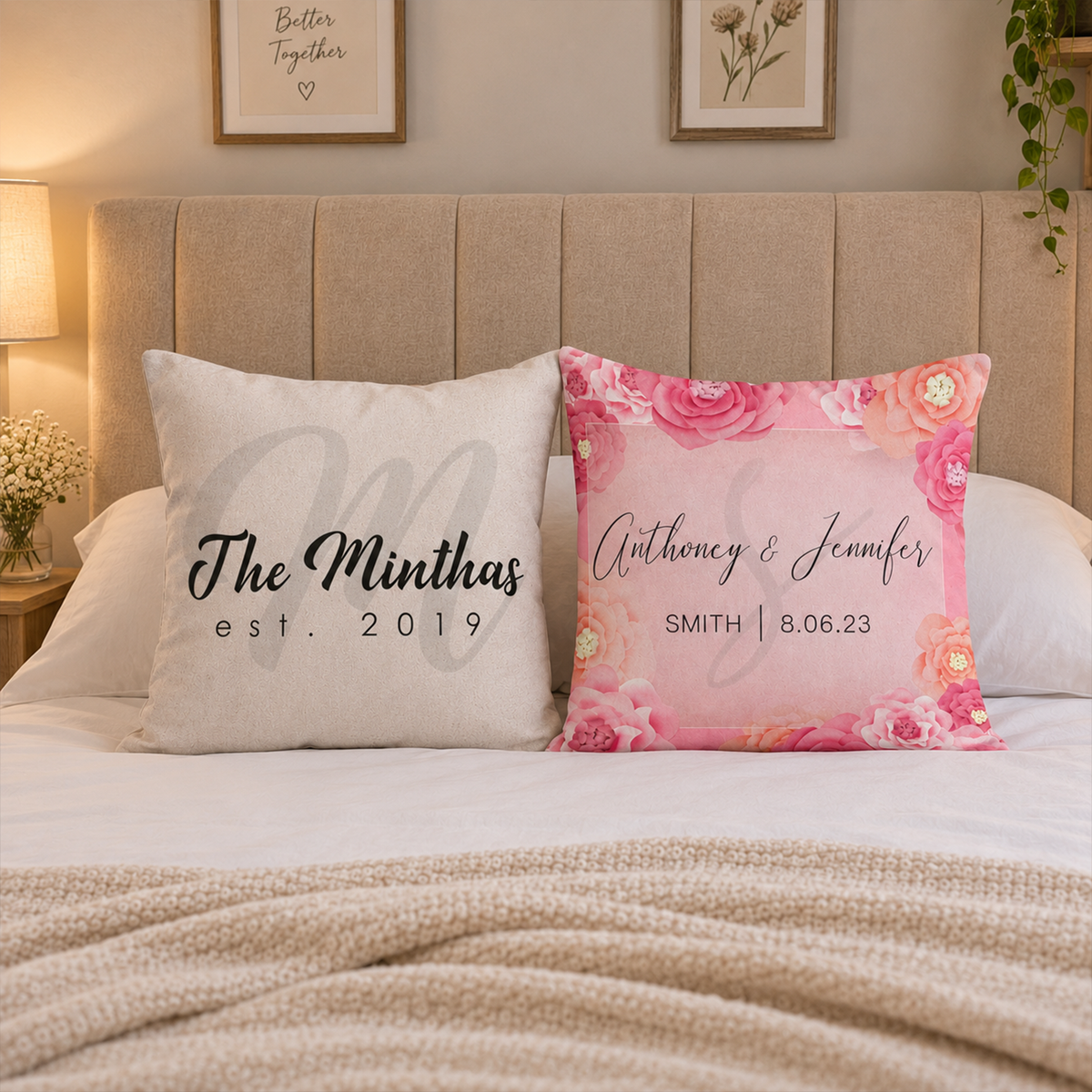 Wedding monogram throw pillow styled in bedroom as romantic anniversary decor
