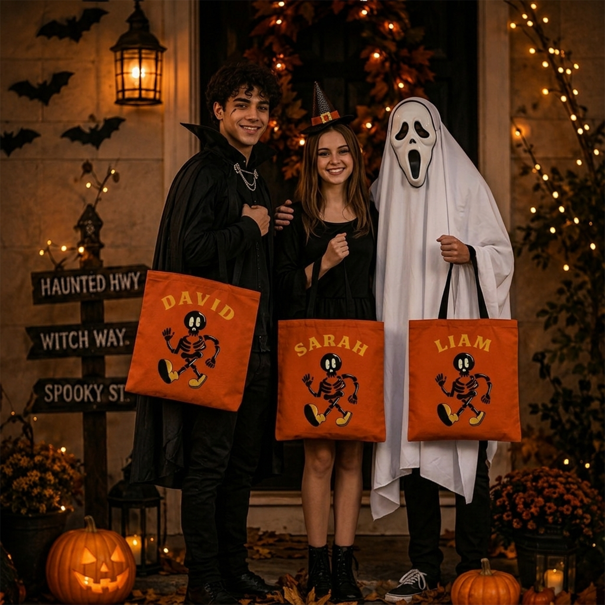 Halloween skeleton personalized tote bag in multiple color options for kids gift
